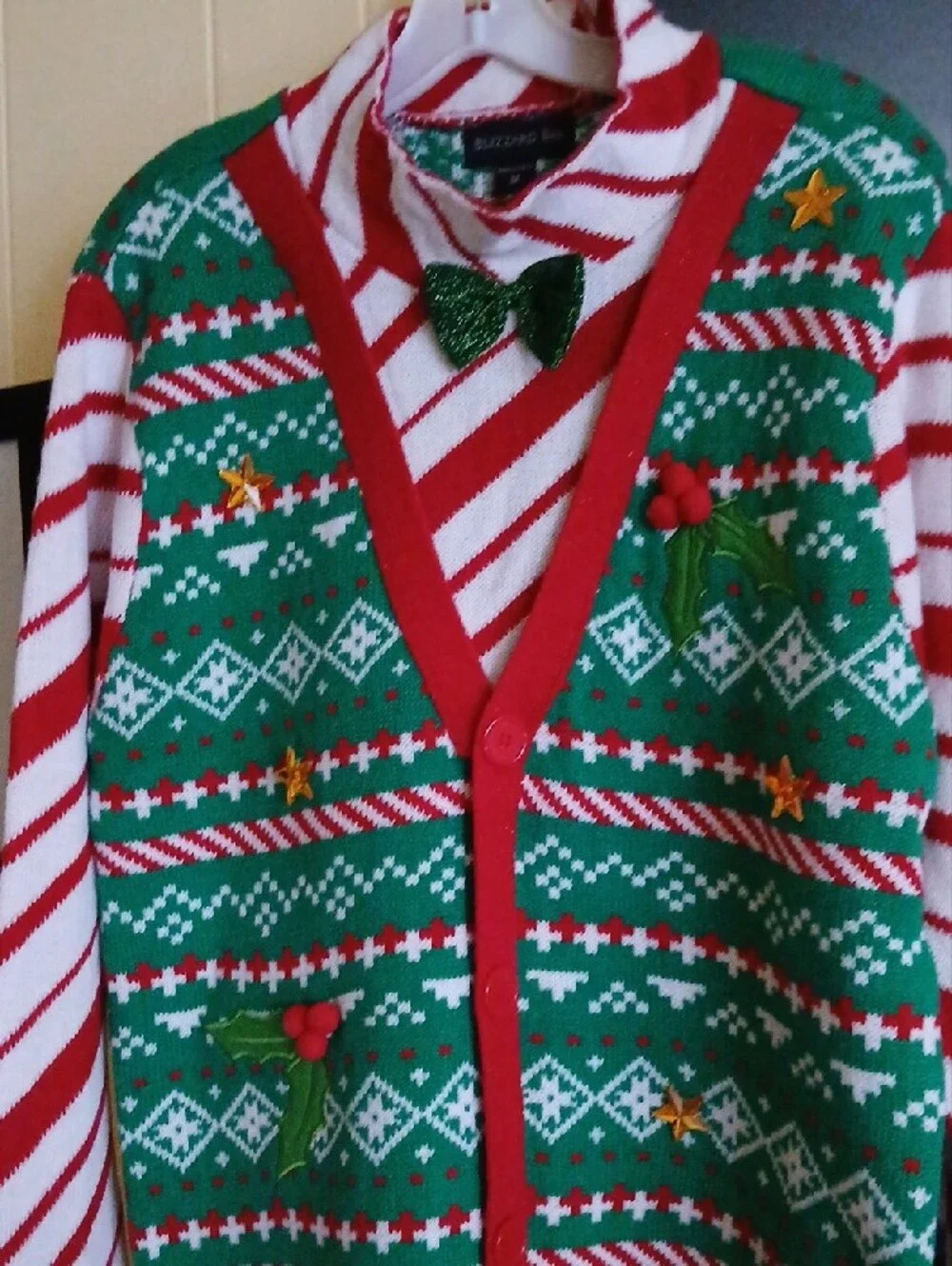 Holiday Green & Red Men's Cardigan Sweater with Bow-Tie Detail